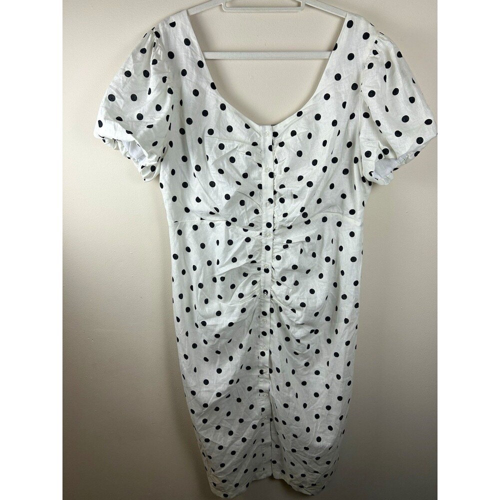 New York & Co. Linen Blend White/Black Polka Dot Ruched Bodycon Dress 2XL